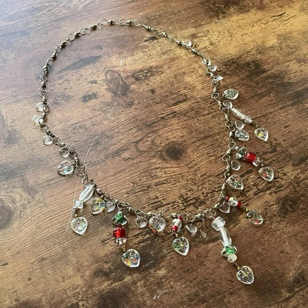 Vintage Art Glass Heart Charm Necklace Long Length 30